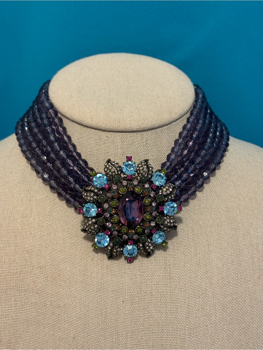 Heidi Daus necklace choker 13-17” purple glass beads swarovski crystal WOW!!
